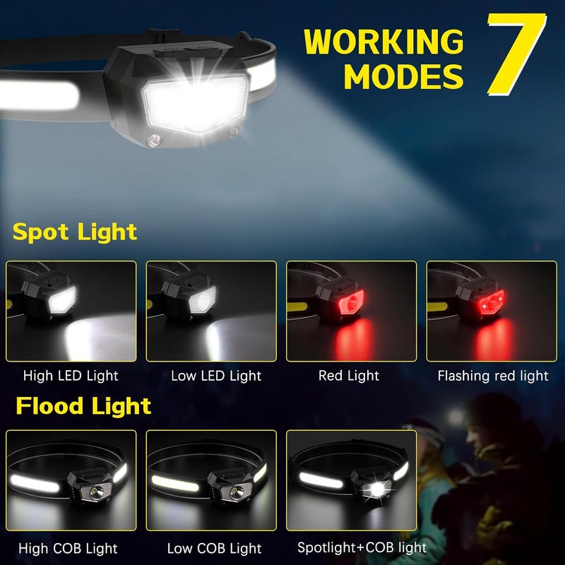 KYEKIO مصباح رأس قابل لإعادة الشحن 3 حزمة، شعاع عريض 230° COB و LED فائق السطوع 60° مع ضوء أبيض وأحمر، 7 أوضاع لمصابيح الرأس مع مستشعر حركة، مصابيح رأس للبالغين للتخييم والجري والمشي في الطبيعة - Image 4